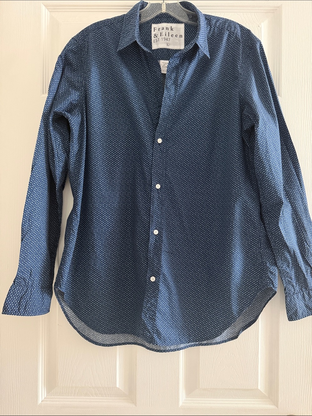 Frank & Eileen Button Down Shirt Navy Blue and White Lettering "Frank" Size L